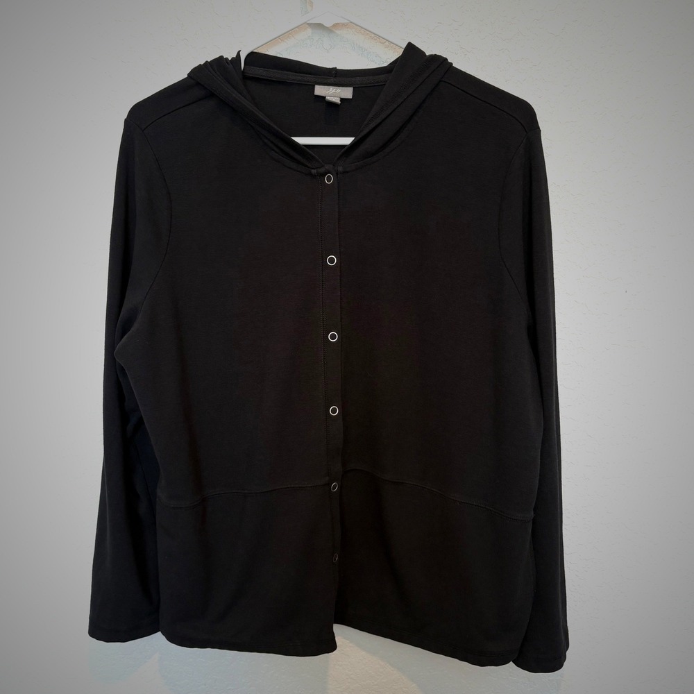 J. Jill Black Snap Front Hooded Cardigan Jacket Petite Large Stretch Cotton